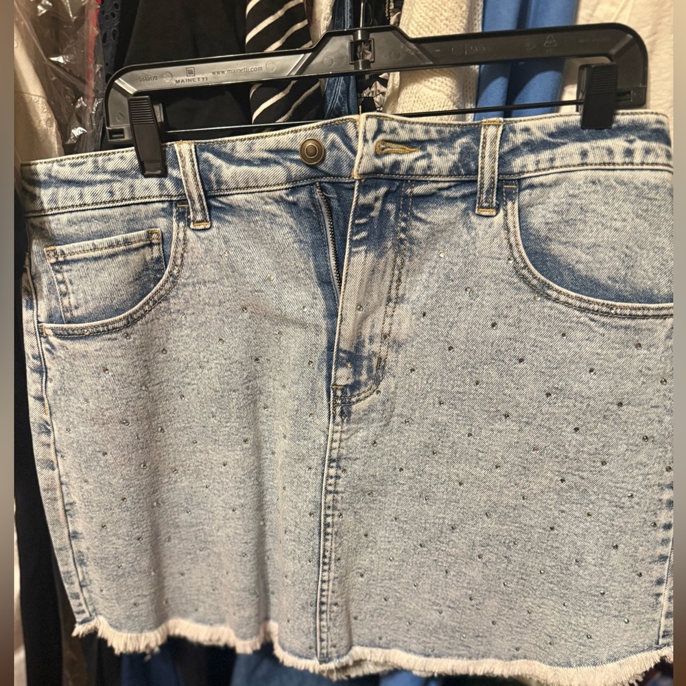 SO Light Blue Denim Pencil Skirt with Rhinestone Details